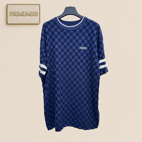 1v Louis Navy Blue Printed Checkered Knitted Striped Short Sleeve Shirt