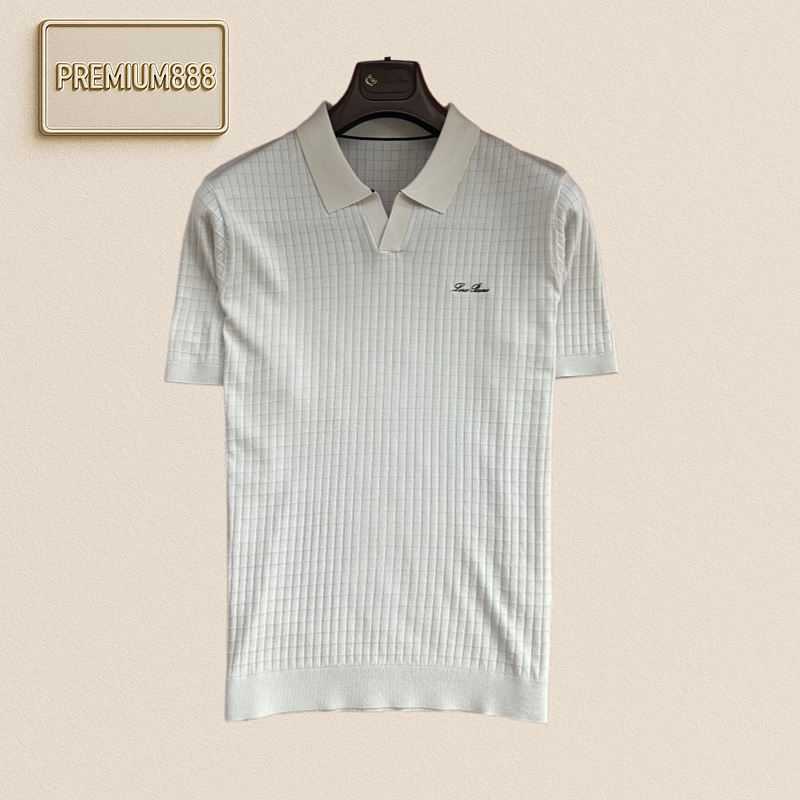 Loro Piana Geometric Texture V-neck Knit Polo Shirt