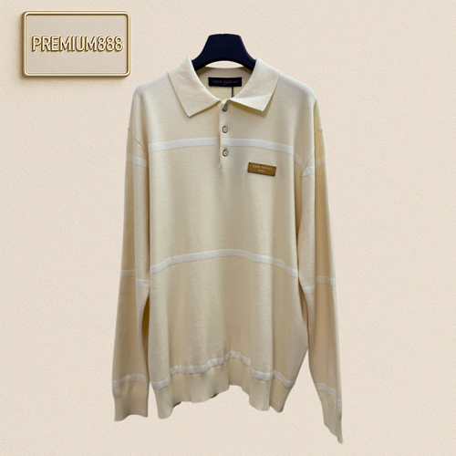 1v Louis Gold Embossed Leather Label Logo Striped Long-Sleeved Knit Polo Shirt