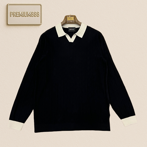 Kiton Qidun Casual Color-Contrast V-neck Polo Knitted Sweater