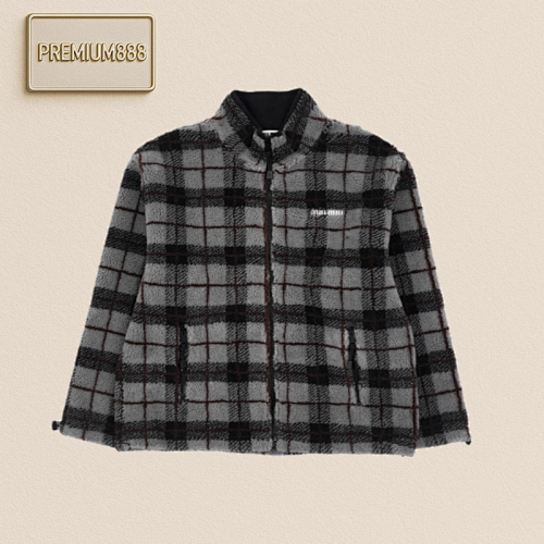 Miumiu Zipper Opening And Closing Design Checkered Fleece Solid Color Coat Size S M L