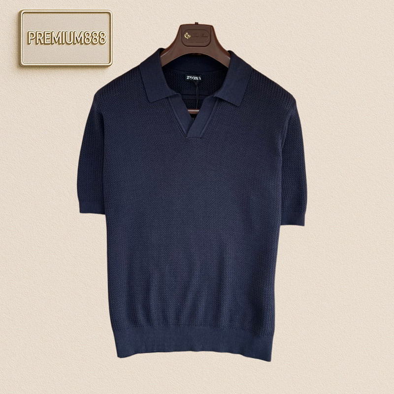 Zegna Polo Shirt With V-neck And Open Weave Pattern