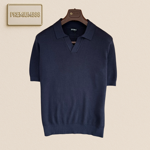 Zegna Polo Shirt With V-neck And Open Weave Pattern