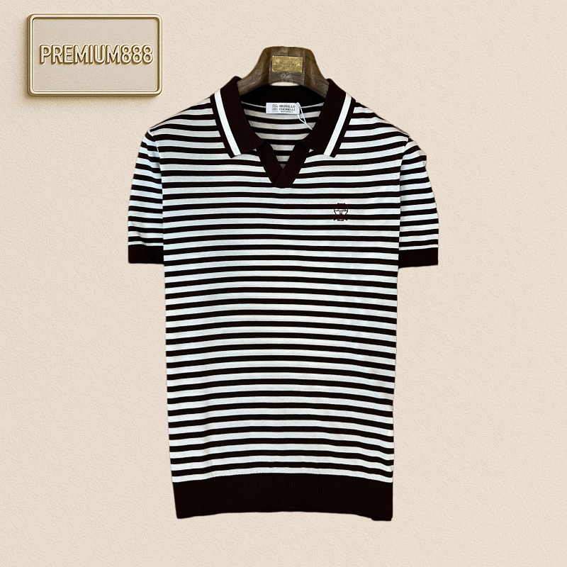 BC Brunello Classic Collar Stripe Embroidered Knit Casual Short Sleeve Shirt