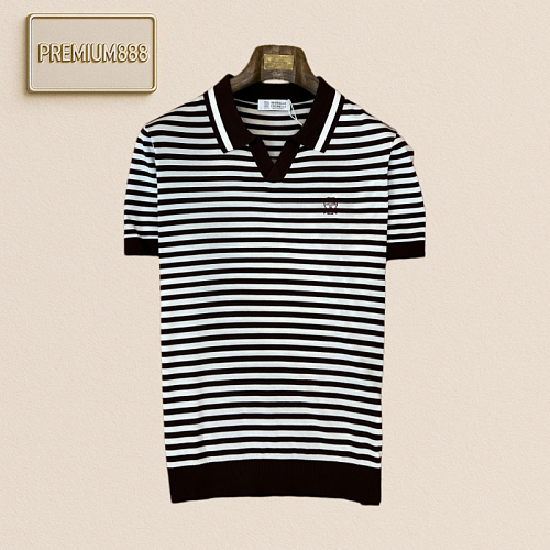 BC Brunello Classic Collar Stripe Embroidered Knit Casual Short Sleeve Shirt