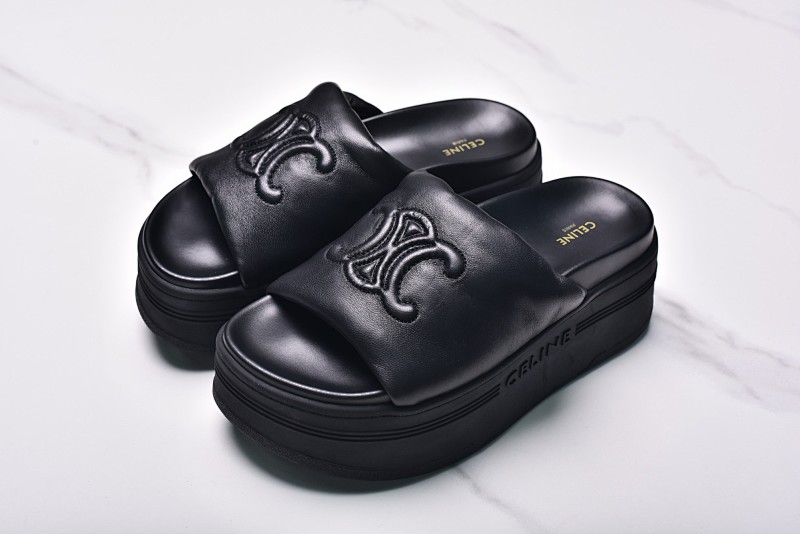 Celine Triomphe Block Sheepskin Non-Slip Slippers Black
