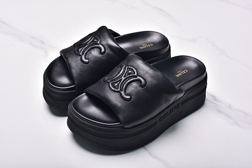 Celine Triomphe Block Sheepskin Non-Slip Slippers Black