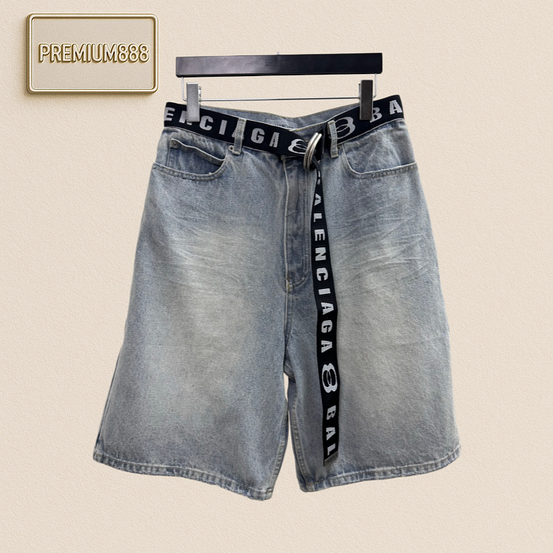 Balenciaga Letter Embroidery Flowing Ribbon Waistband Denim Shorts