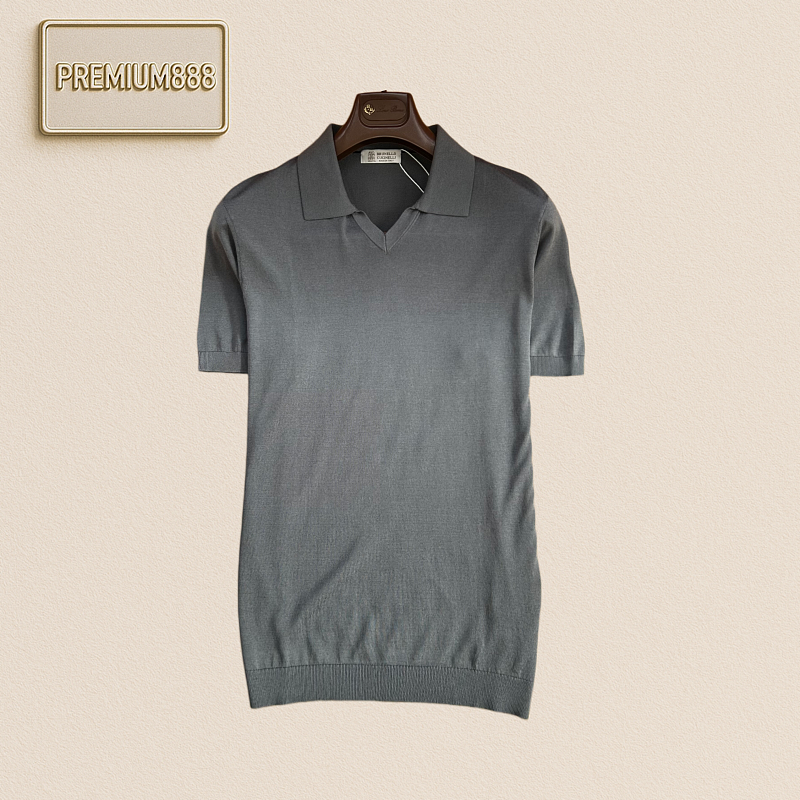 BC Brunello Simple Deep V-neck Knitted Short-Sleeved Polo Shirt
