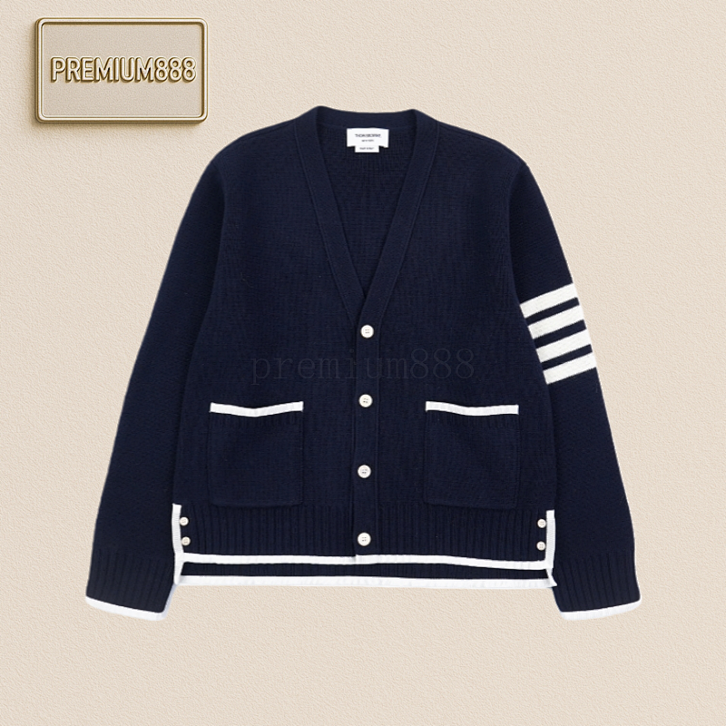 Thom Browne Tom Brown Plaid Long-Sleeved Single-Button V-Neck Knit Sweater
