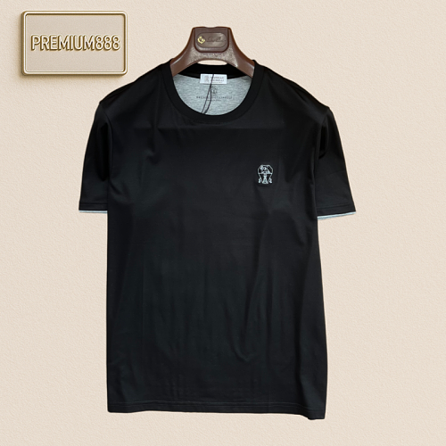BC Brunello Classic Contrasting Color Sleeve Embroidery Round Neck Short-Sleeve T-shirt