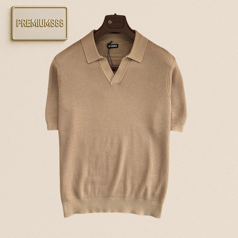 Zegna Polo Shirt With V-neck And Open Weave Pattern