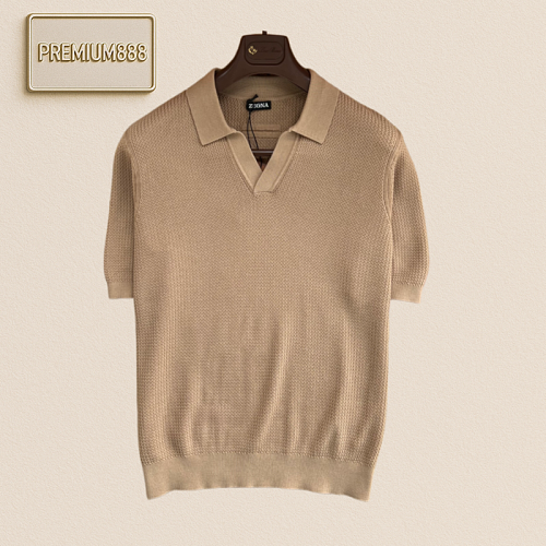 Zegna Polo Shirt With V-neck And Open Weave Pattern