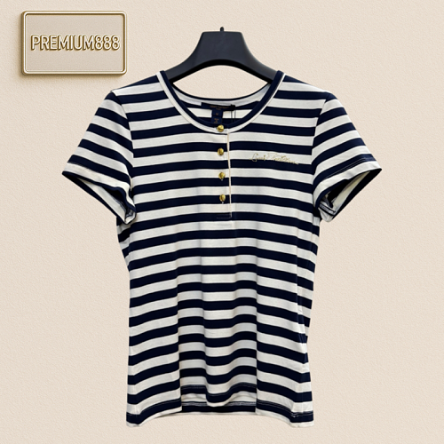1v Letter Embroidery Button Blue And White Striped Short-Sleeved T-Shirt
