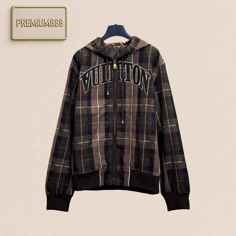 1v Louis Monogram Checkered Jacquard Letter Embroidered Hooded Zipper Jacket