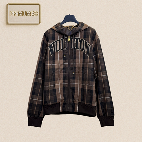 1v Louis Monogram Checkered Jacquard Letter Embroidered Hooded Zipper Jacket