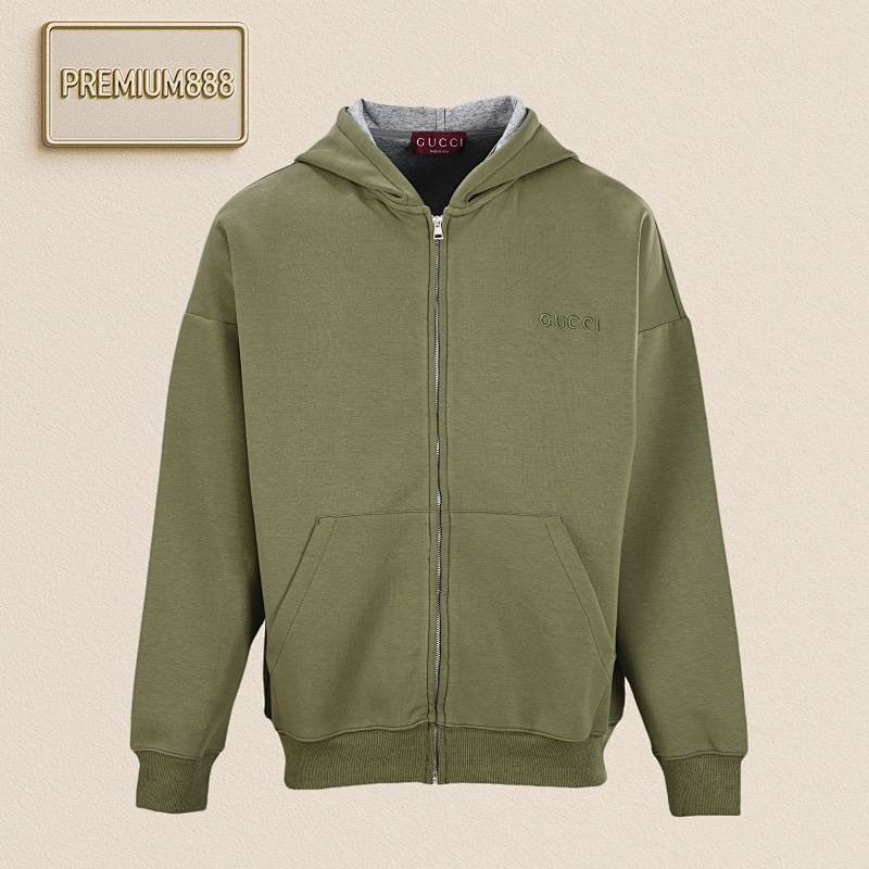 Gucci Guc CI Slogan Embroidered Space Cotton Zippered Hooded Sweatshirt