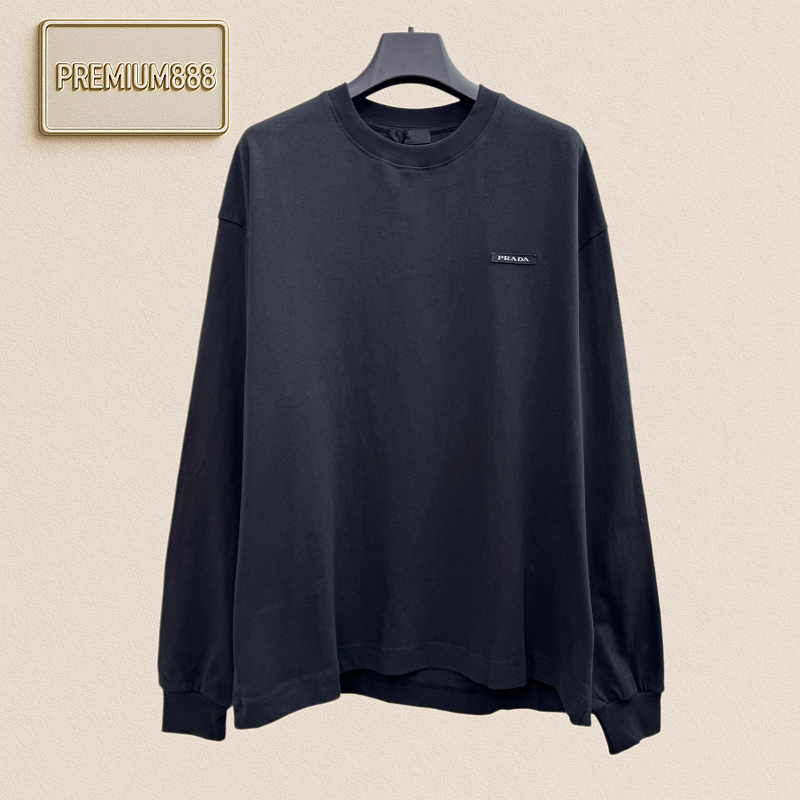 Prada Letter Logo Appliquéd Plaid Long-Sleeved T-Shirt