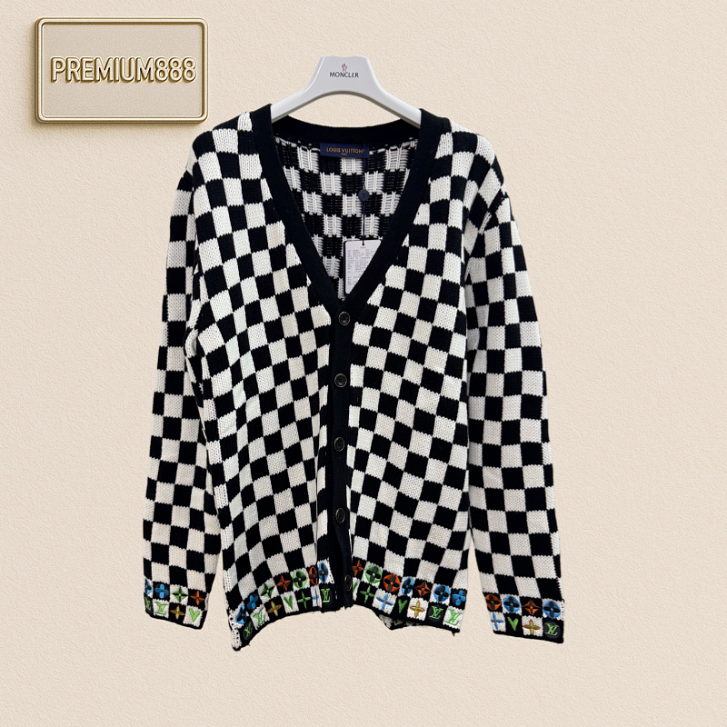1v Louis Collection Checkered Colorful Jacquard Letter Knit Cardigan Sweater