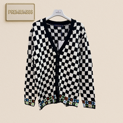 1v Louis Collection Checkered Colorful Jacquard Letter Knit Cardigan Sweater