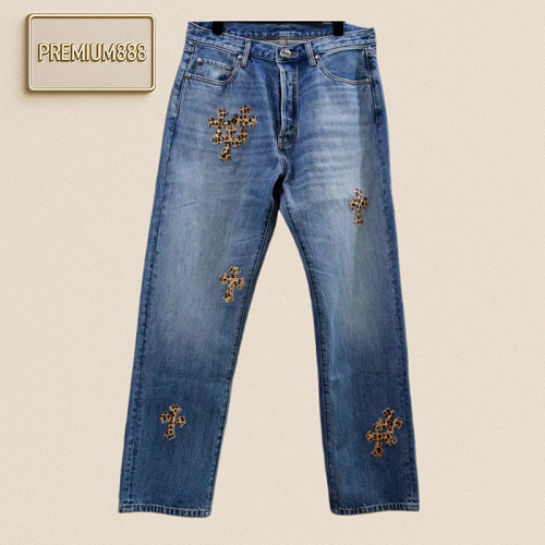 Chrome Hearts CH - Leopard Print Leather Blue Washed Denim Pants. Jeans Fit. Men's And Wom