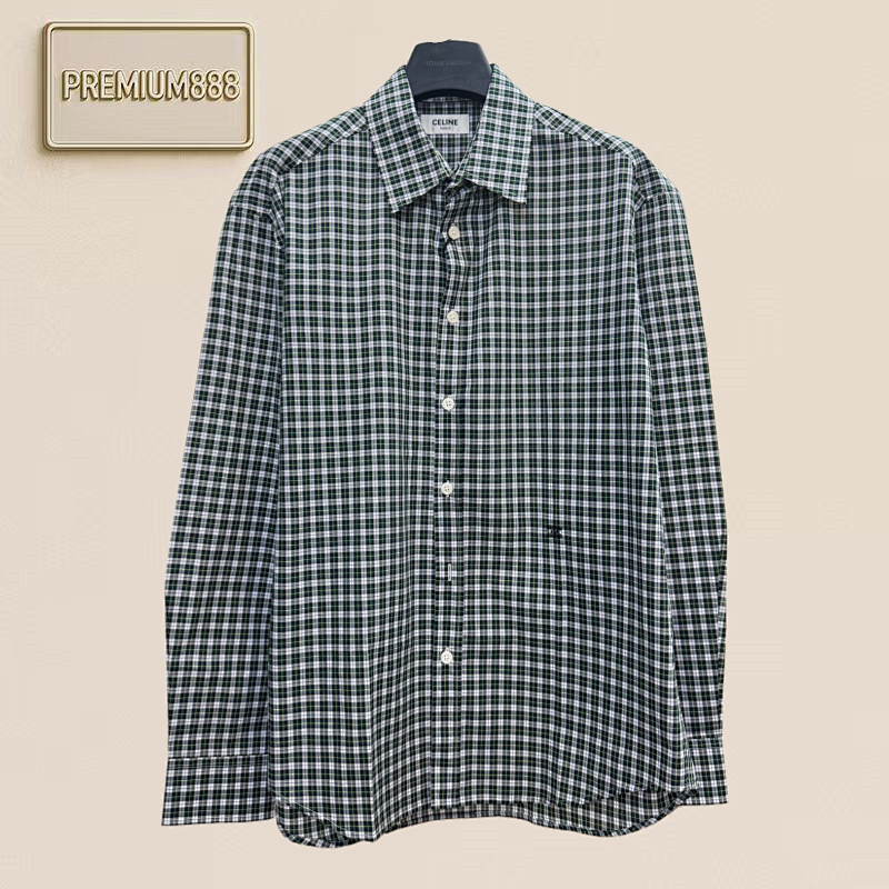 Celine Plaid Cotton Blouse With Embroidered Logo And Long Sleeves