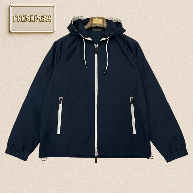 Zegna Jenia Navy Blue Hooded Double-Zipper Casual Jacket