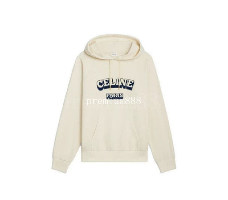 Celine Colorblock Letter Flocking Printed Hoodie_Ivory White