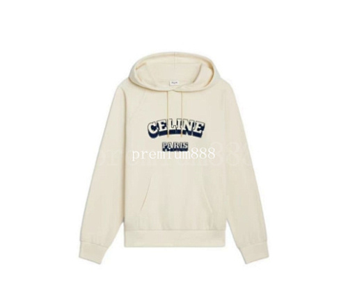 Celine Colorblock Letter Flocking Printed Hoodie_Ivory White