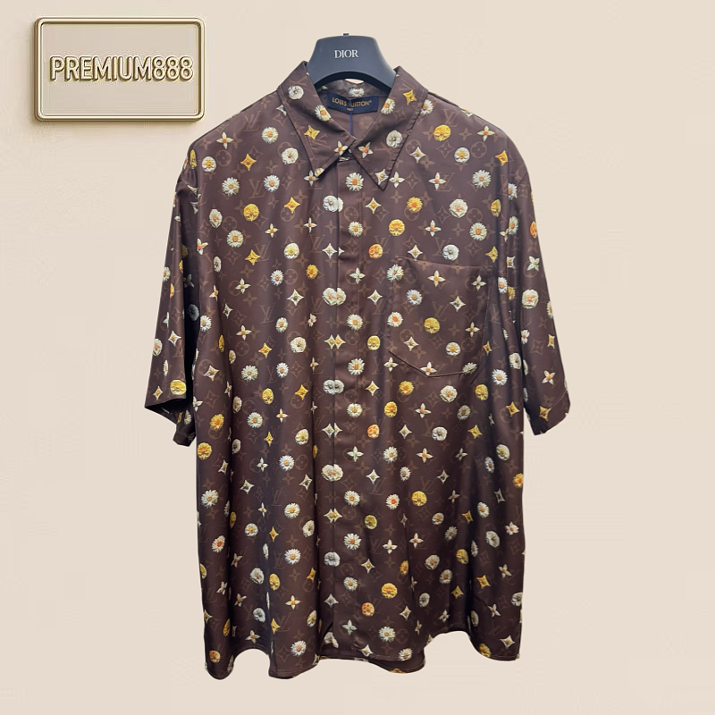 1v Louis Flower Logo Printed Silk Shirt Short Sleeve