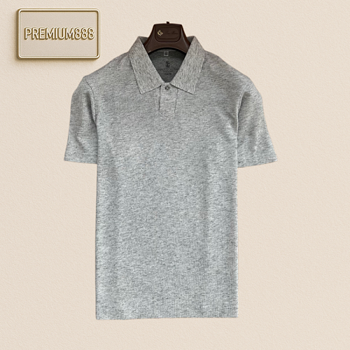 BC Brunello Collar Flared Silk Plain Color Short Sleeve Polo Shirt