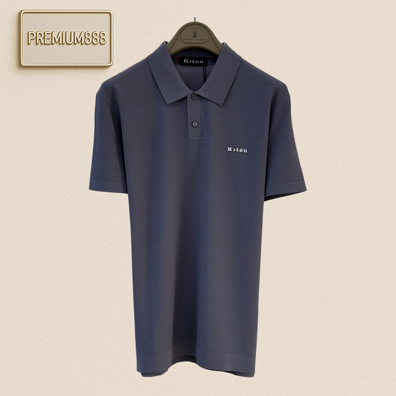 Kiton Waffle Texture Lettered Collar Polo Short Sleeve Shirt
