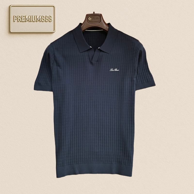 Loro Piana Geometric Texture V-neck Knit Polo Shirt