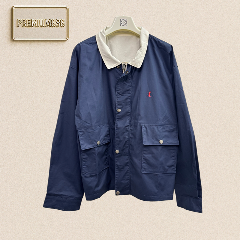 YSL Saint Laurent Embroidered Double-Sided Front-Placket Utility Jacket Coat