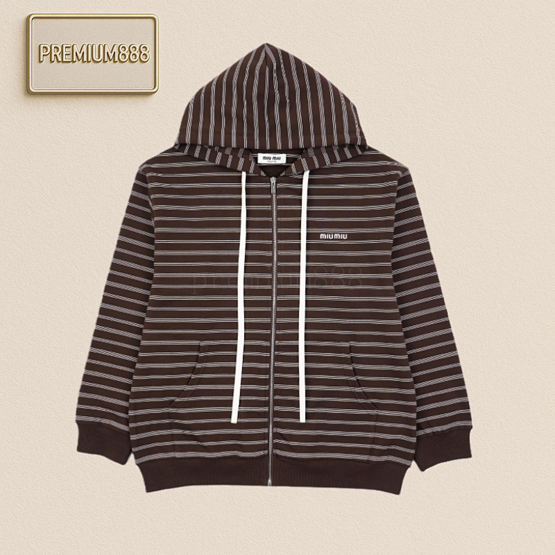 Miu 25Fw Small Striped Zip Jacket - Attention Coffee Color
