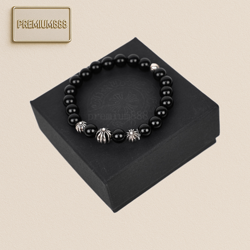 Chrome Hearts Obsidian Four Silver Bead Bracelet