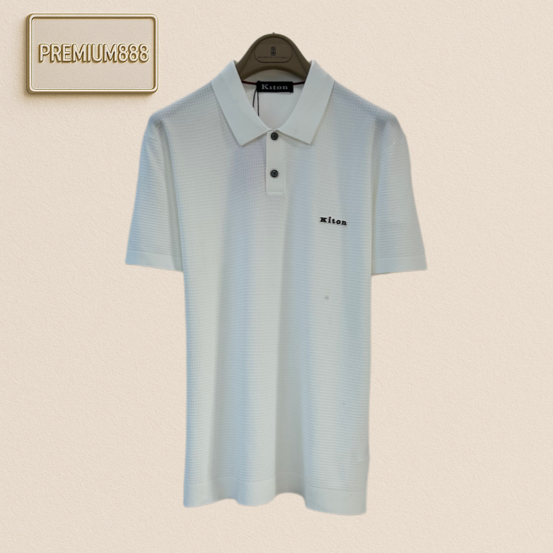 Kiton Waffle Texture Lettered Collar Polo Short Sleeve Shirt