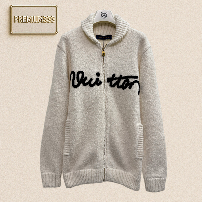 1v Louis Handwritten Lettering Collar Zip Knit Cardigan Coat
