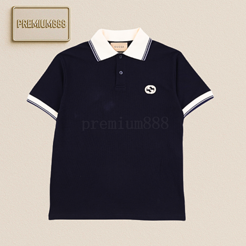Gu Cci Double G Embroidered Polo Navy Blue