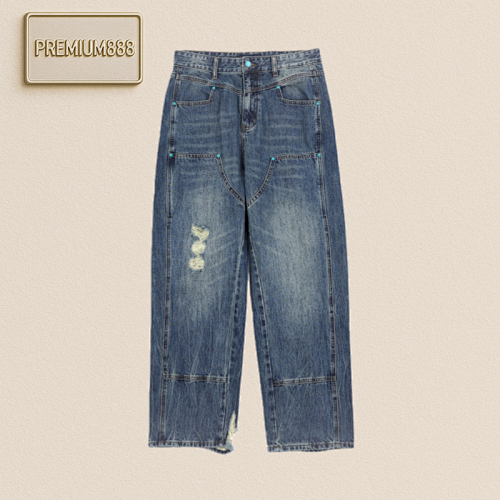 1v 24Fw Turquoise Button Washed Workwear Jeans. This Workwear Jeans Feature A Washed Aging