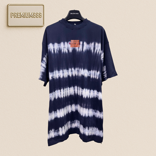 Balenciaga 26ss Black And Gray Striped Tie-Dye Short Sleeve With Caution Label Tape Embroi