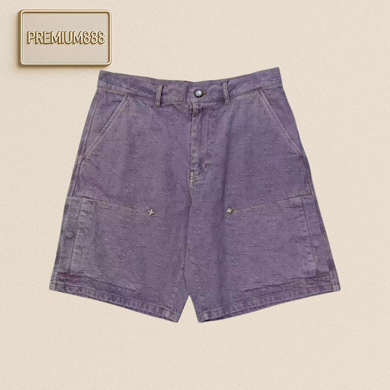 1v Louis Jacquard Patterned Full-printed Collar Denim Shorts