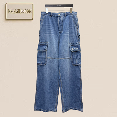 Dio Pocket Letter-Design Embroidered Workwear Denim Pants