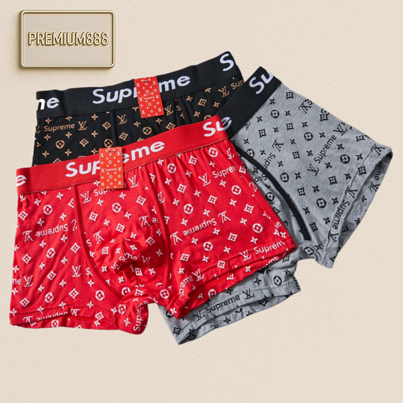 LV X Supreme Collaboration - Louis Vuitton Full-print Checkered Logo Underwear Set Of Thre
