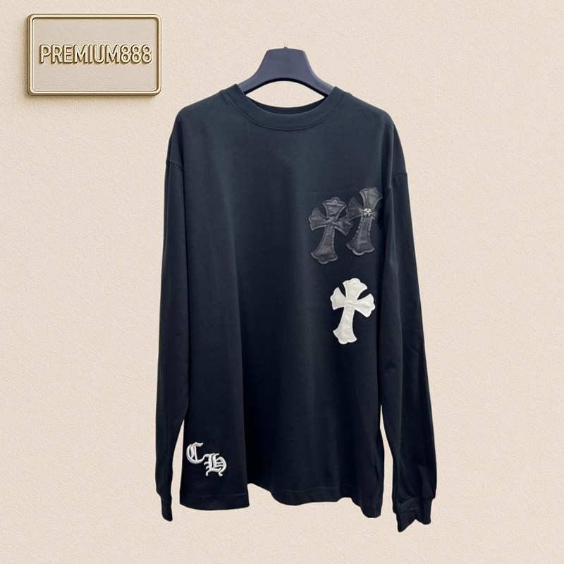 Chrome Hearts CH Cross Heart Leather Label Black And White Gradient Long-Sleeve T-Shirt