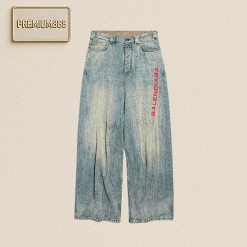 Balenciaga Blcg Red Letter Embroidered Denim Trousers
