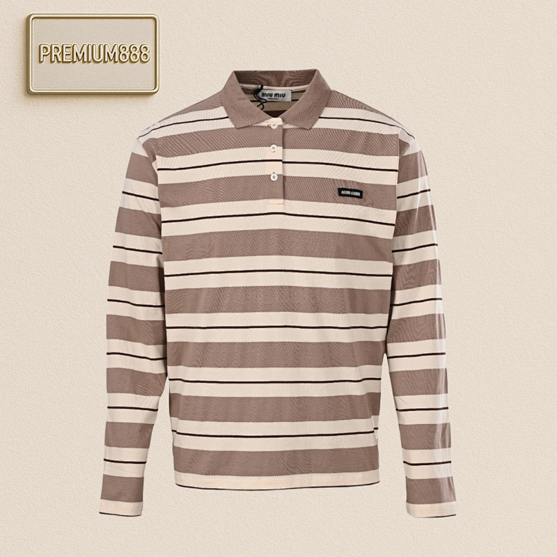 Miu MM Yellow Striped Cotton Jersey Long Sleeve Polo Shirt