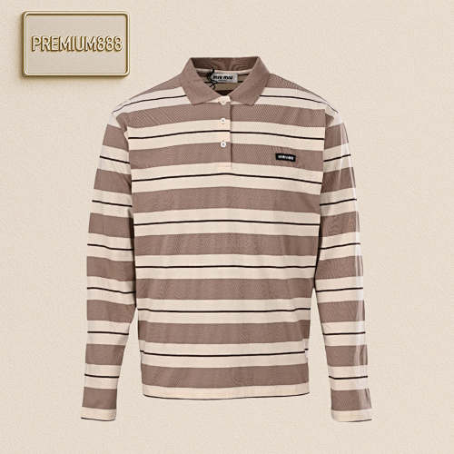 Miu MM Yellow Striped Cotton Jersey Long Sleeve Polo Shirt