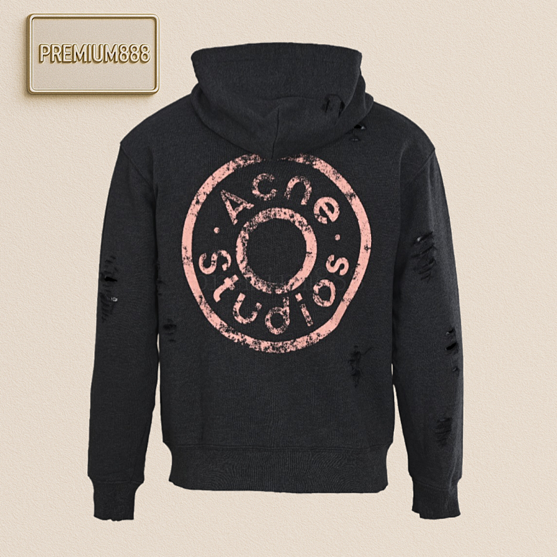Acne Studios Distressed Printed Perforated Zipper Hooded Sweatshirt Jacket