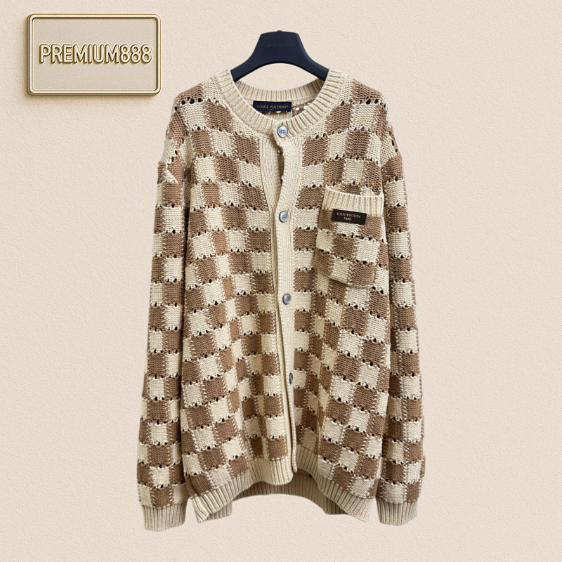 1v Louis Multi-color Hollowed-out Checkered Leather Cardigan With Logo And Knitted Front P